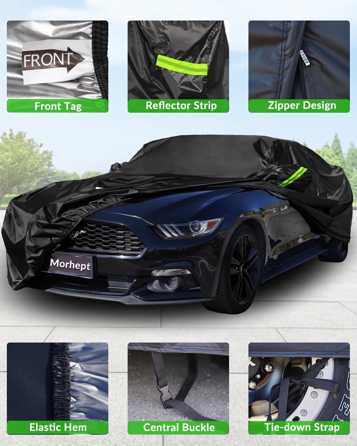 Car Cover Custom Fit for Ford Mustang 2005-2026, Waterproof All Weather GT Cover Outdoor Dustproof Shelby Coupe Cover with Door Zipper Black