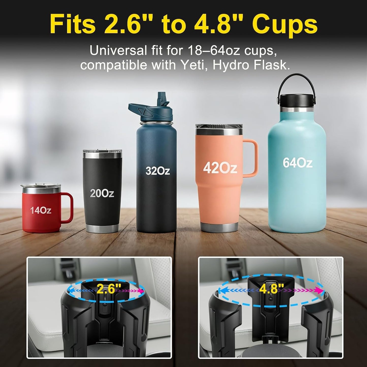 Cup Holder Expander (Adjustable Holder & Base, Auto-Fit Hold, One Button Open), Car Cup Holder Expander for Yeti, Hydro Flask, Nalgene, Owala, Bottles in 2.6"- 4.8" (Black, 1 Pack)