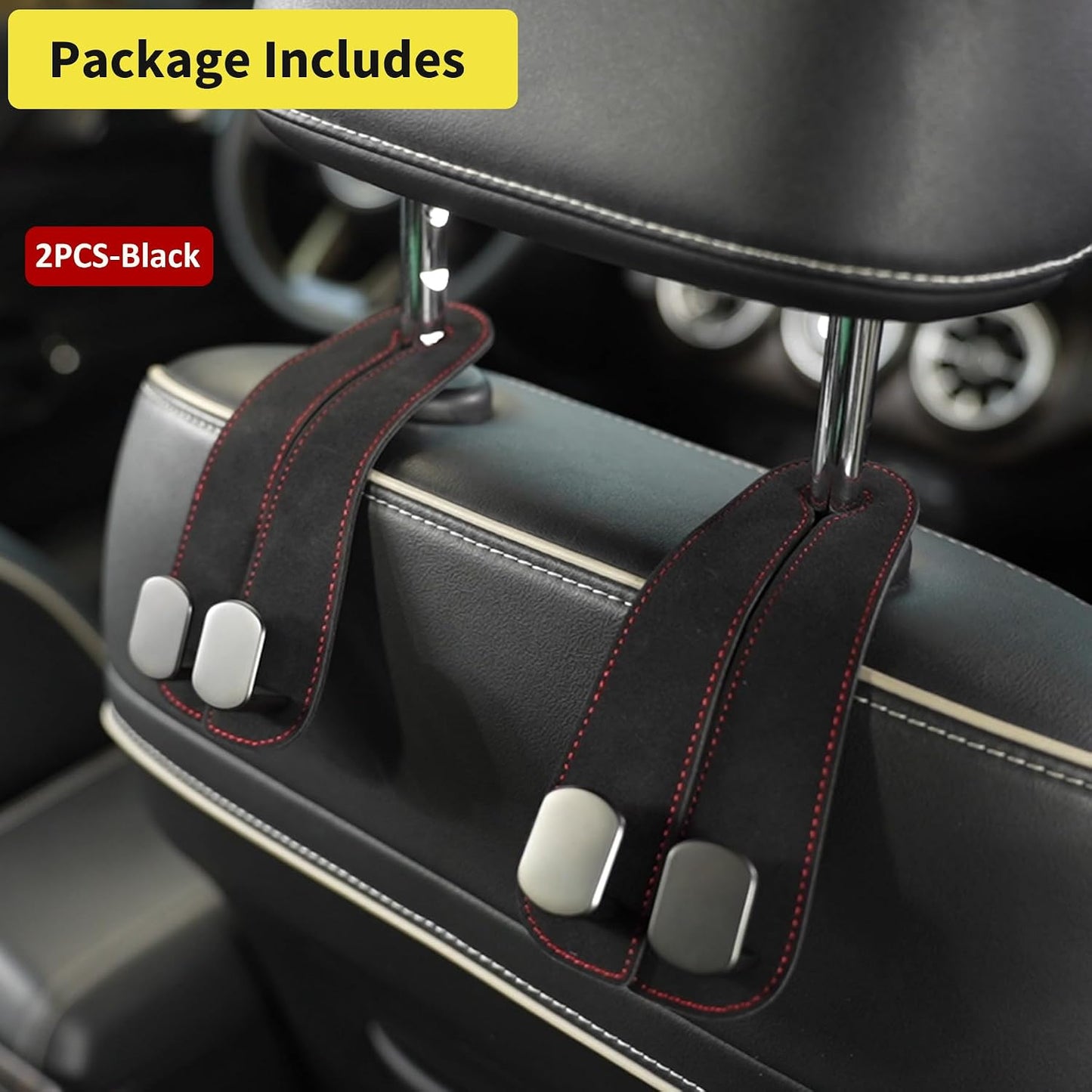 WEIHAO Purse Hook for Car Headrest, Suede Car Seat Back Storage Hook, Aluminum Twin Hooks Leather Car Headrest Hangers, Bag Holder for Sedan, Trucks, SUVs, Most Vehicles (Black-2PCS)
