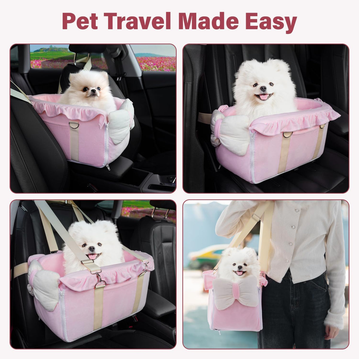 Jaoul Dog Car Seat for Small Dogs - Fully Detachable with Adjustable Straps Center Console Dog Booster Seat - Comfortable Bow Design Pet Car Seats - Portable Pet Booster Seat for Puppy, Cat (Pink)