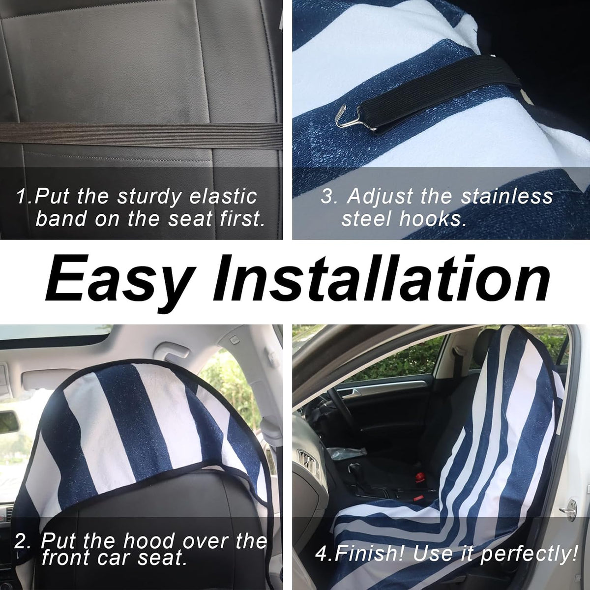 Sweat Towel Car Seat Cover Protector Front Seats for Gym Workout, Running, Swimming, Beach and Hiking, Waterproof Universal Seat Cover for Car, Trucks, Van & SUV (1, White/Blue Stripe, Front)