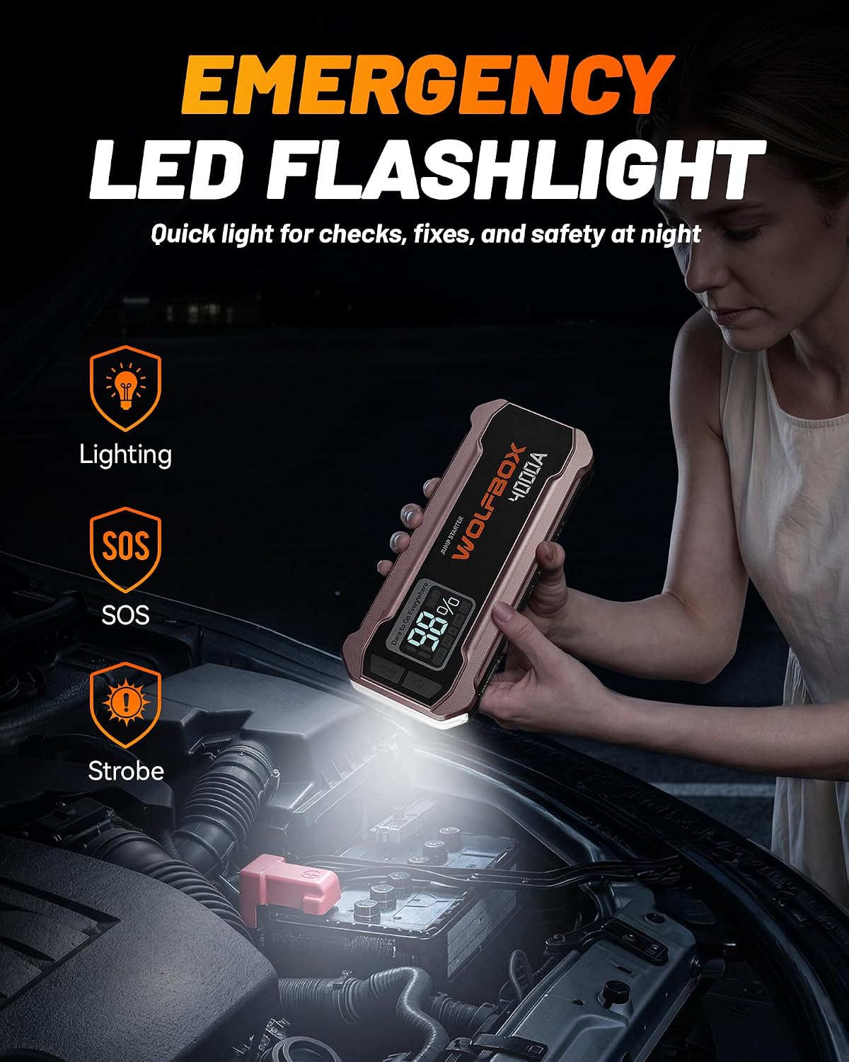 WOLFBOX 4000A Jump Starter,12V Pink Car Battery Jumper Starter Portable with 65W Quick Charger,88.8Wh Booster Jump Box Pack (10L Gas 10L Diesel Engine) with LED Light,Jumper Cables, Rose Gold