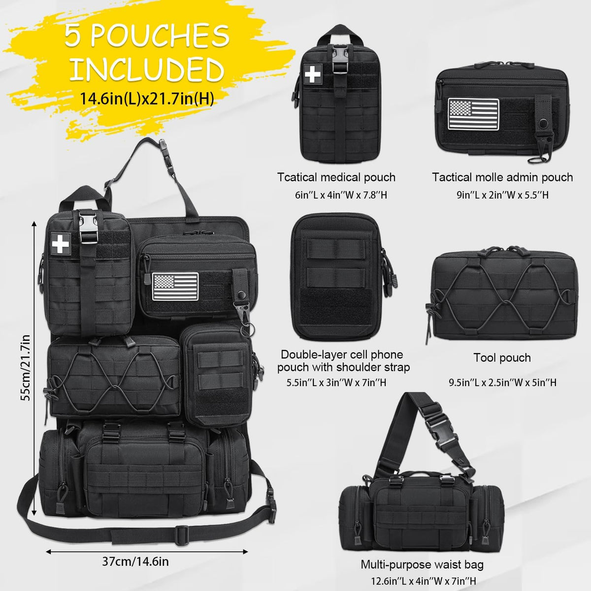 Tactical Car Seat Back Organizer, 2025 Upgrade Tactical Vehicle Panel Organizer with 5 Detachable Molle Pouch for Car Truck Ford Jeep Vehicle