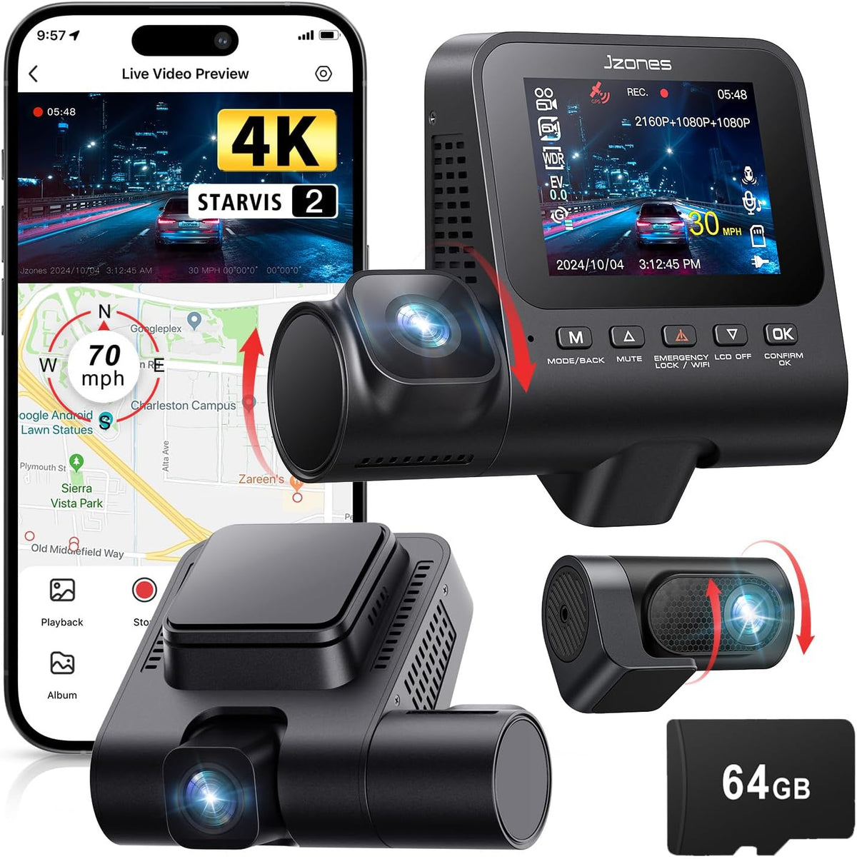 Jzones 4K 3-Channel Dash Cam Front and Rear with Cabin, STARVIS 2 Sensor, Dash Camera for Cars with WiFi 6, G-Sensor, Loop Recording, Night Vision, 24H Parking Mode, 64GB Card Included