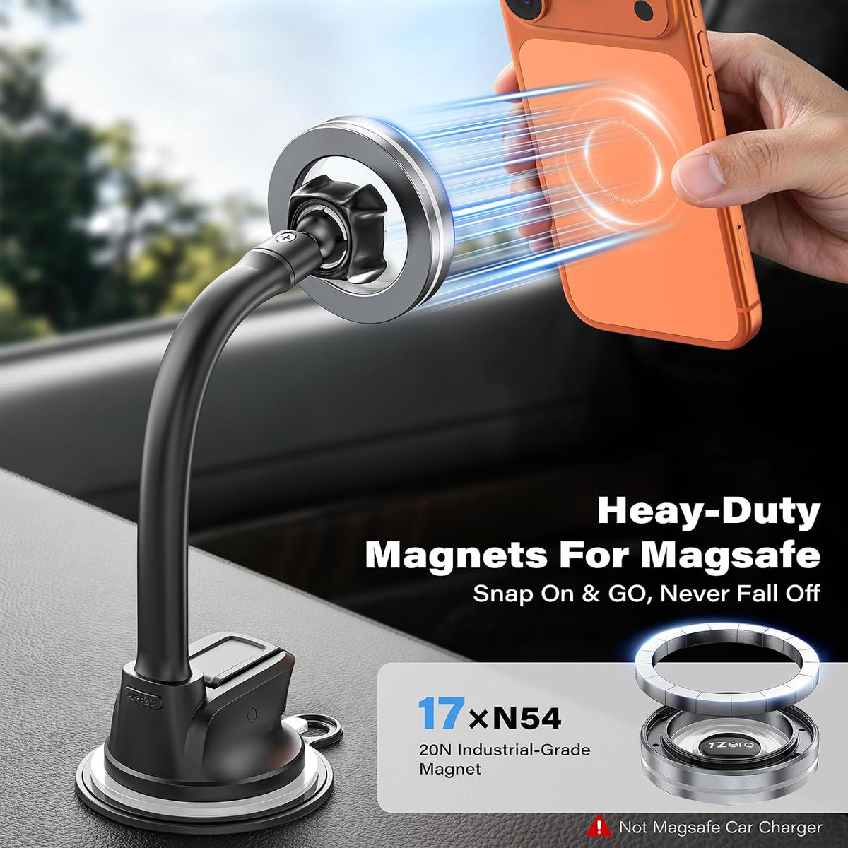 1Zero MagSafe Car Phone Mount with One-Button Suction Cup Lock