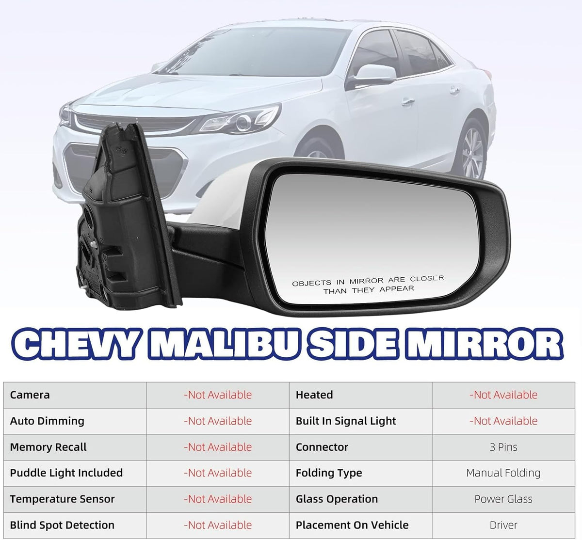 Passenger Side View Mirror Compatible With Chevy Malibu 2016-2021 3 Pins Manual Folding Non Heated Without Signal Light White
