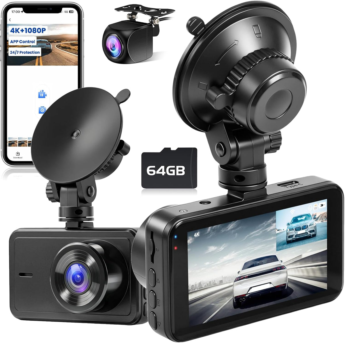 4K Dual Channel Dash Cam 360° Front and Rear 3'' Car Camera with 64G Card