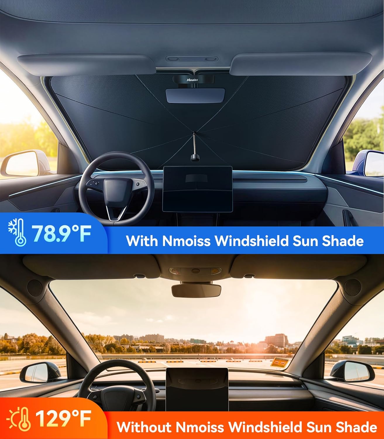 Nmoiss True Dual Layer Air Cooled Windshield Sun Shade Umbrella - [Drive to Superior Coolness & Comfort] Block 99% UV Sun Rays & Heat Damage Keep Cool and Protect Interior Medium