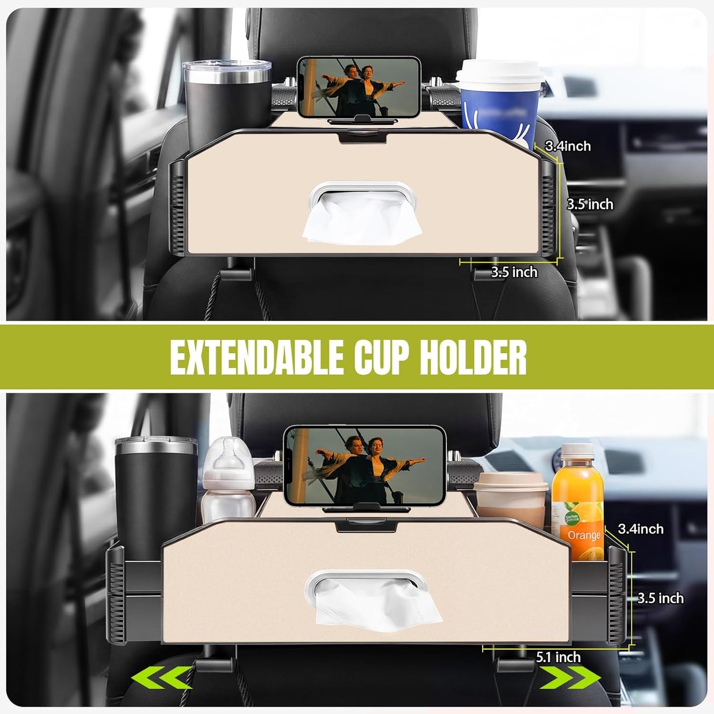 5-in-1 Back Seat Car Organizer and Storage with Extendable Cup Holder, Tissue Holder, Phone Holder, Hanging Hooks, Trash Bin, Back of Seat Car Headrest Organization Accessories for Women Man