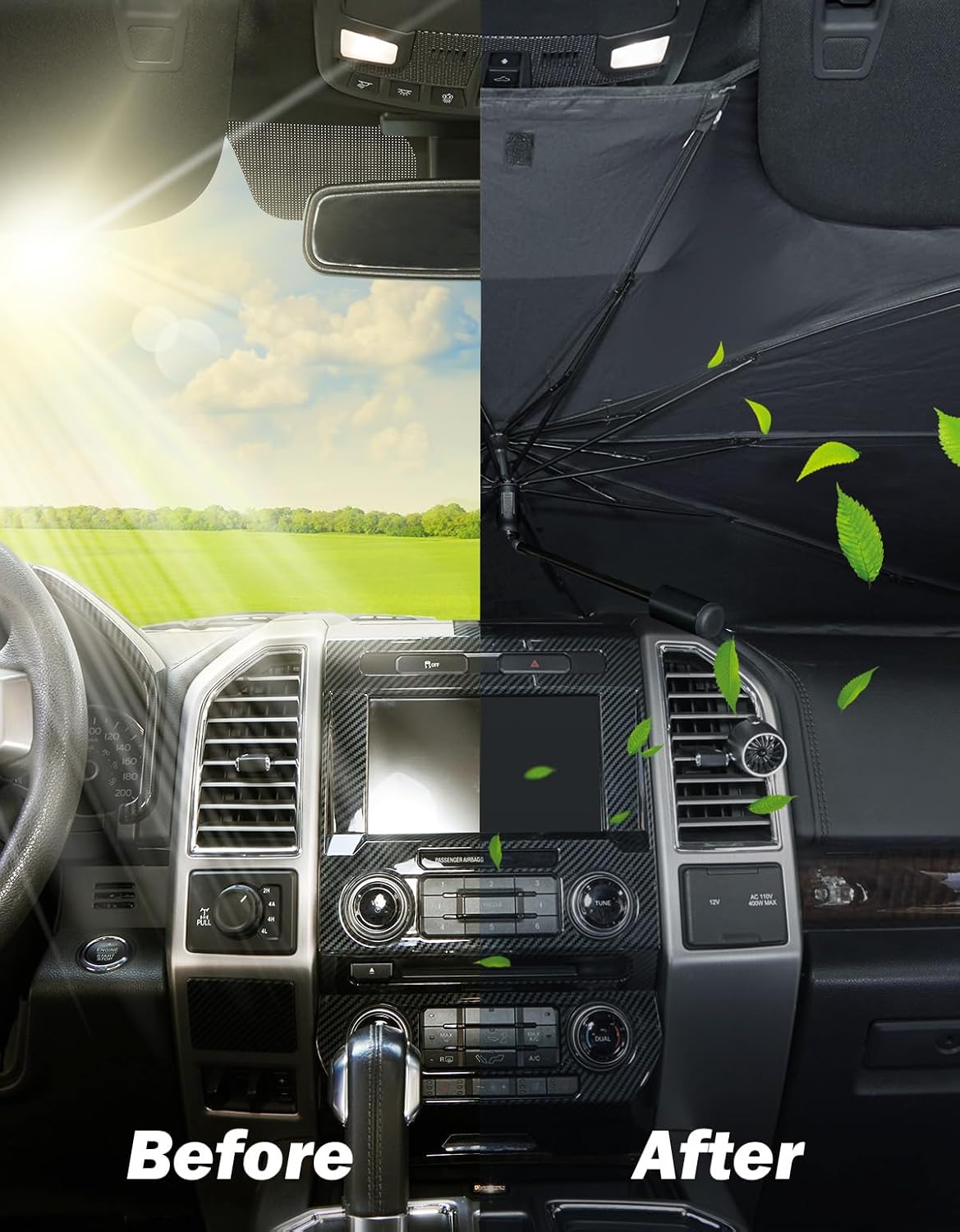 JOYTUTUS Windshield Sun Shade Umbrella, Fit for Ford 2015-2025 F150 F250 F350, with 360° Rotation Bendable Shaft, Titanium Silver Coating for UV Ray Block, Car Front Window Sun Shade Keep the Car Cool