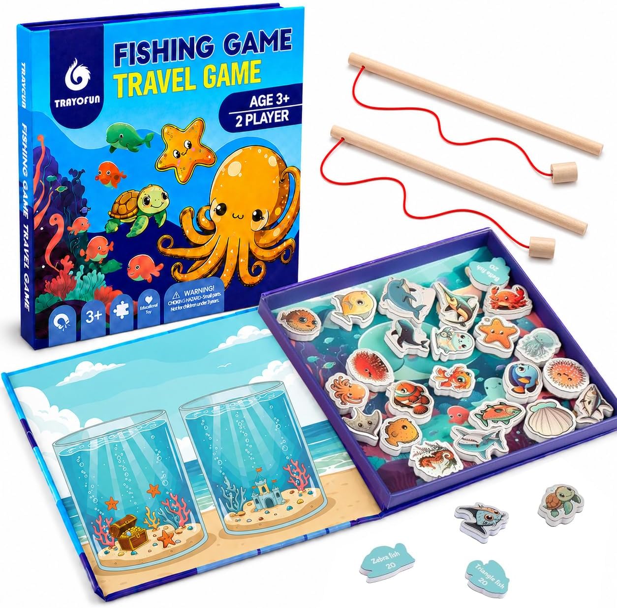 TRAVOFUN Magnetic Fishing Game Book for Kids Ages 3-8, Travel Toys for Toddlers 3-5, Road Trip and Airplane Activities, Quiet Portable Car Ride Toy with 2 Poles and 27 Ocean Fish