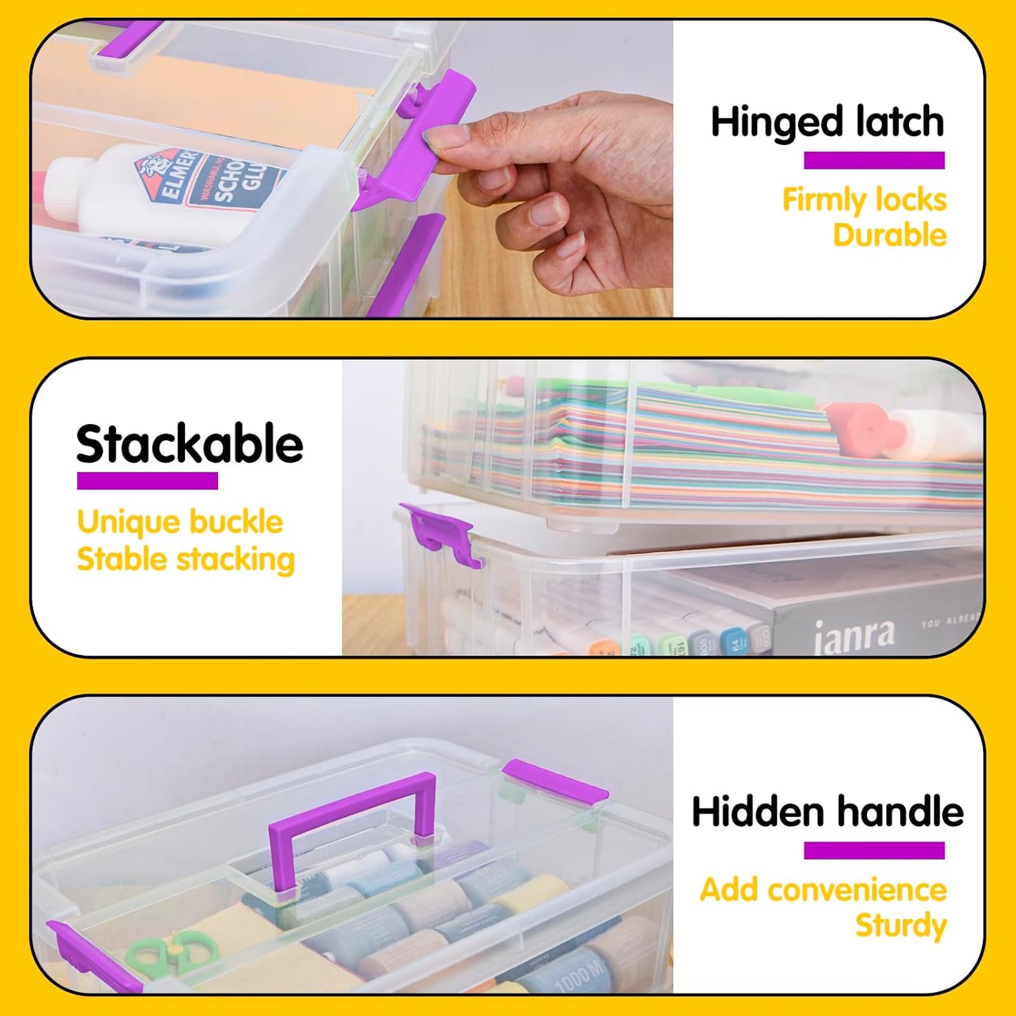 TERGOO 2 Layer Plastic Storage Containers with Lids, Multipurpose Clear Stack & Carry Box, Portable Craft Organizers and Storage Bin for Organizing Art & Craft, Sewing, Makeup, Nail Supplies (Purple)