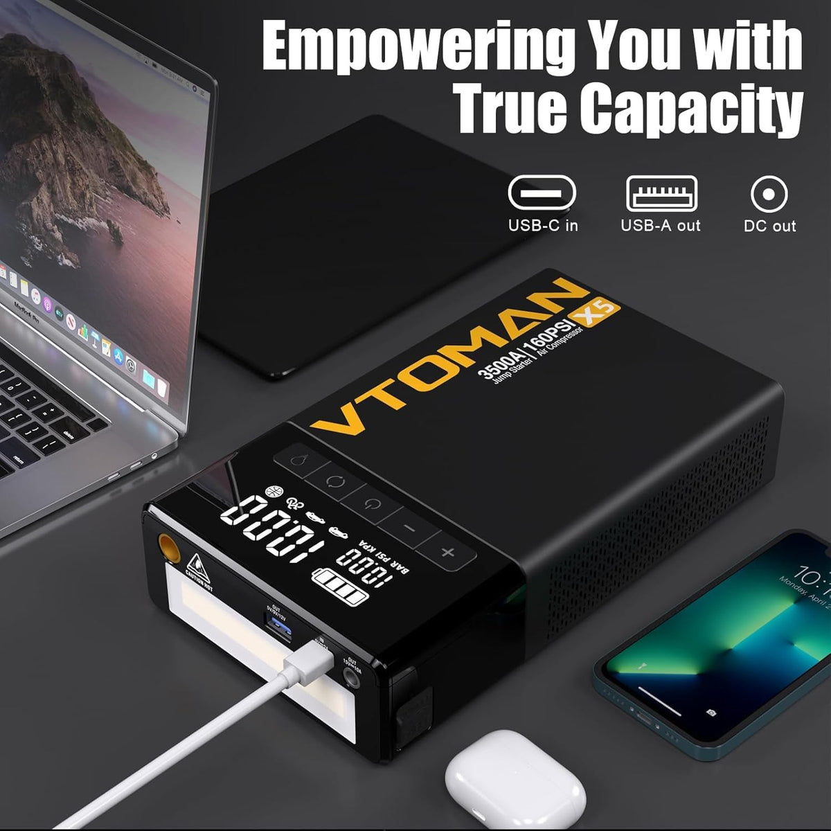 VTOMAN X5 Jump Starter with Air Compressor, 3500A with Type-C Quick Charge