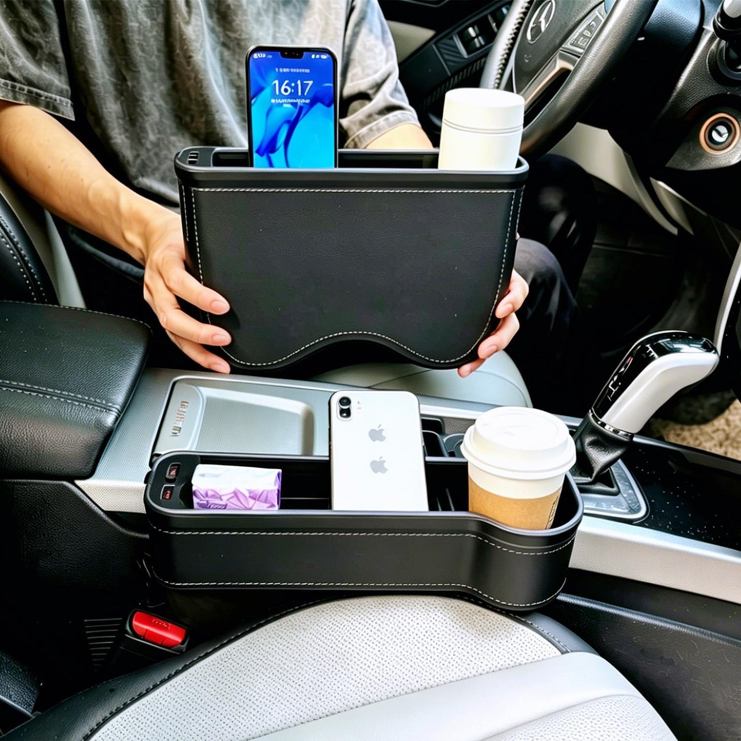 2 Pack Car Seat Gap Organizer,Multifunctional Seat Gap Storage Box with USB Fast Charger, Car Seat Pockets with Led Light, Car Seat Gap Filler with Cup Holder (Black)
