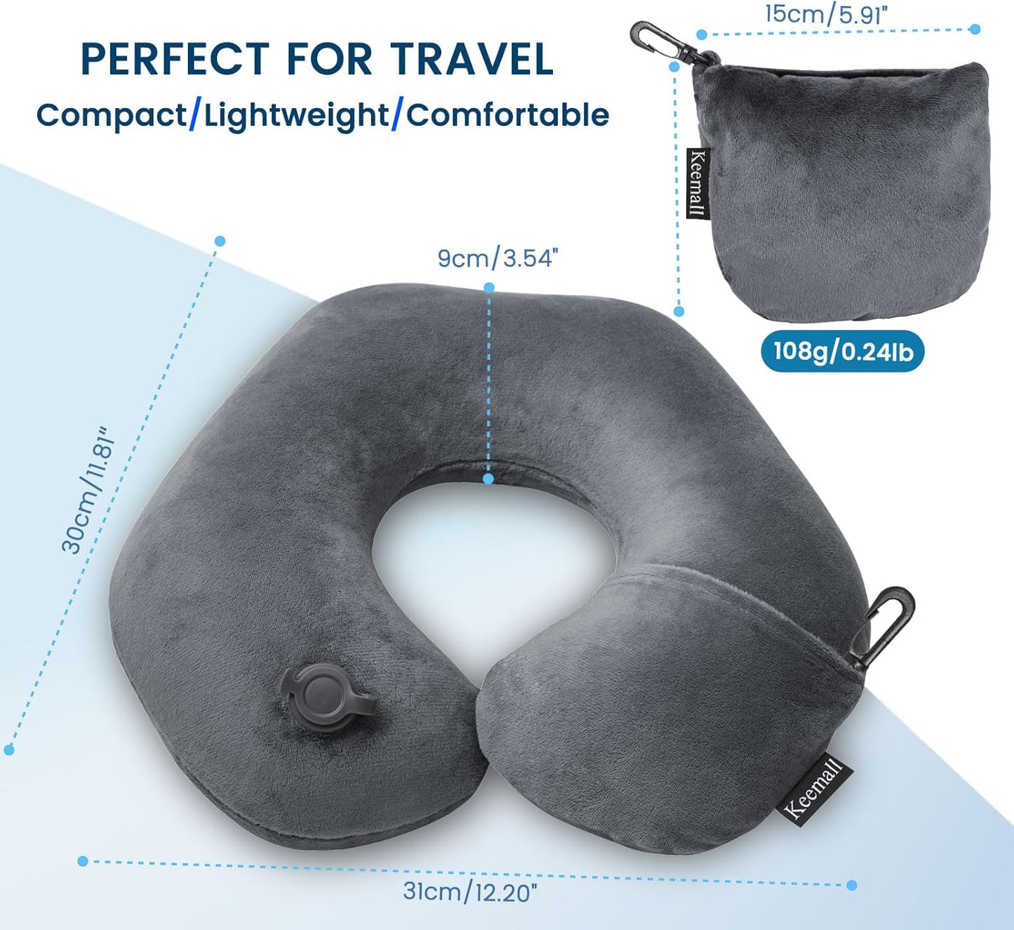 Keemall Inflatable Travel Neck Pillow, Super Soft Plane Neck Support Pillow for Travel Ariplane Sleep Support, Adjustable Neck Cushion Headrest Pillow, Folds Up Nicely, Black Grey