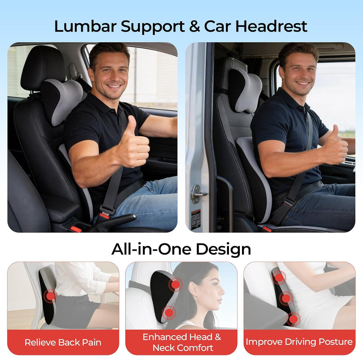 Car Headrest & Lumbar Support Set, Ergonomic Memory Foam Neck Pillow, Comfortable Travel Pillow for Car Truck SUV, Ideal for Long Driving (Gray) (Gray)