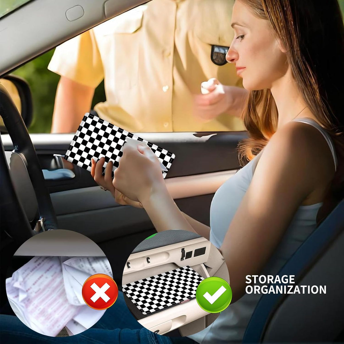 Leather Car Registration and Insurance Card Holder, Cute Car Accessories Vehicle Glove Box Car Organizer for Documents, Cards, License Black White Checkerboard