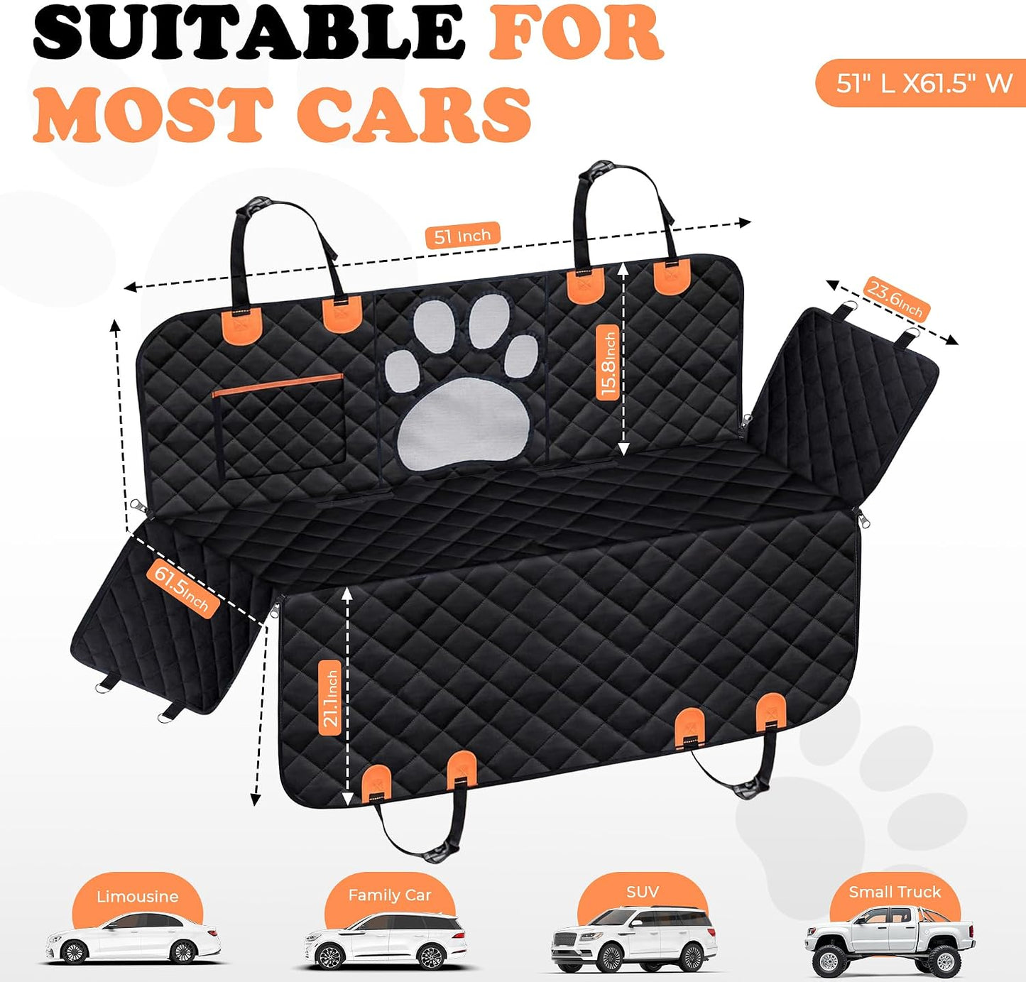 Dog Car Seat Cover For Back Seat, 100% Waterproof Hammock &amp; Back Seat Protector 137*147 cm (54*58 in), Heavy Duty 600D Oxford, Non-Slip, Scratchproof, Easy to Clean, Universal Fit for Cars,