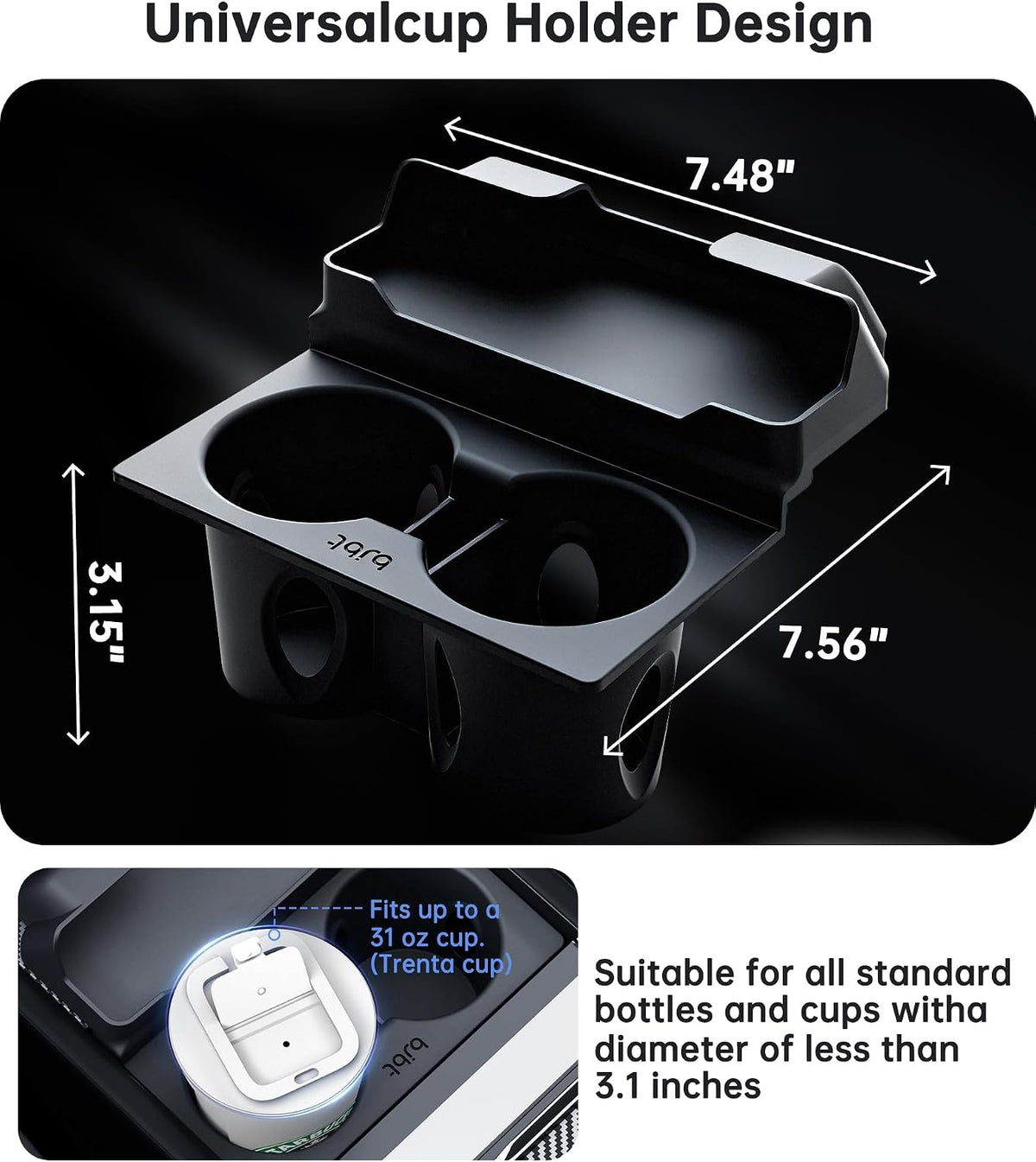 for Tesla Cup Holder Insert, 2-in-1 for Model Y Juniper(2025/2026)& Model 3 Highland(2024/2025) with Storage Compartment - Black