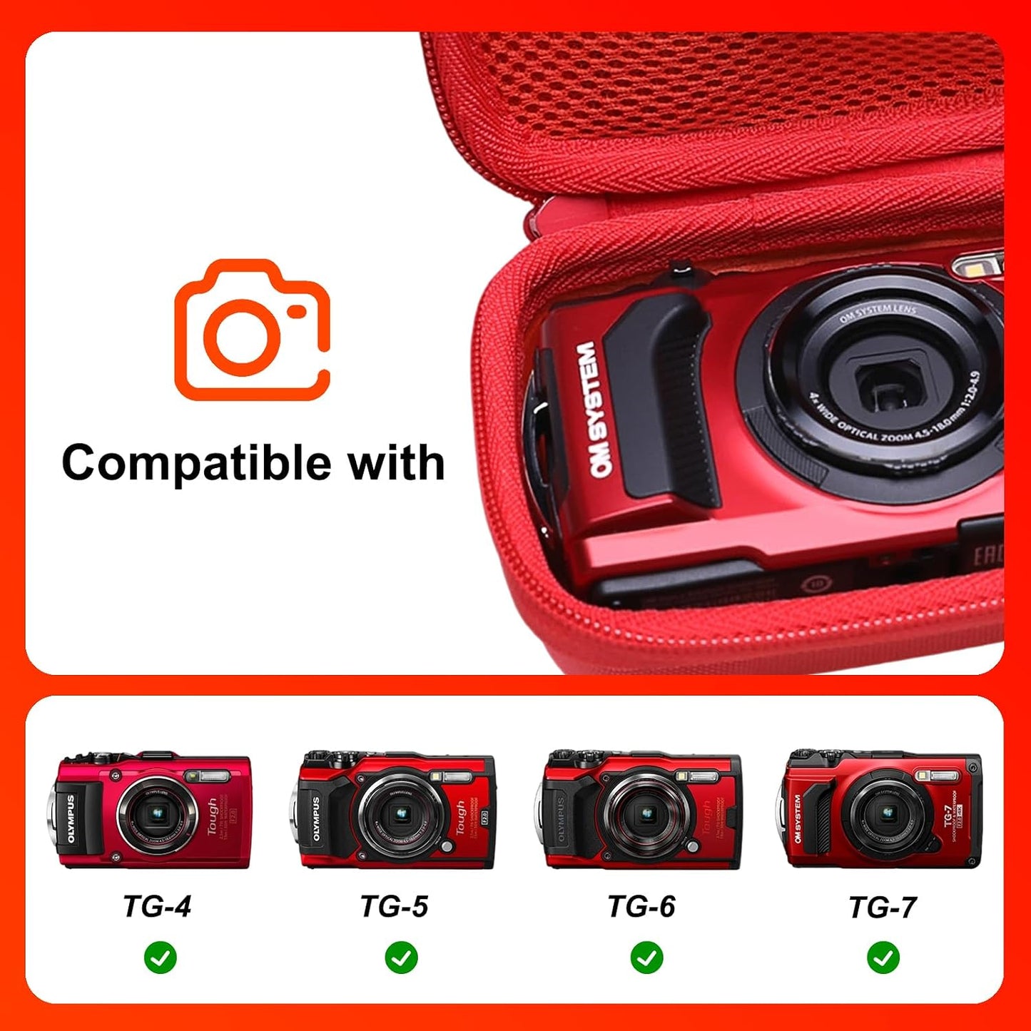 LTGEM Case Compatible with OM SYSTEM Olympus Tough TG-7 / TG-6 / TG-5 / TG-4 Underwater Digital Camera, Hard Travel Carrying Storage Bag - Red(Case Only)