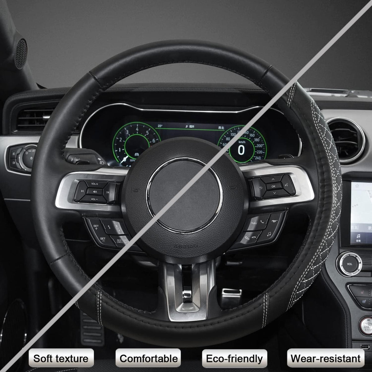 West Llama Car Steering Wheel Cover for Ford Escape,Explorer,Fusion,Focus,Bronco,Transit,Edge(Diamond Quilted - Black+Gray- Standard Size)