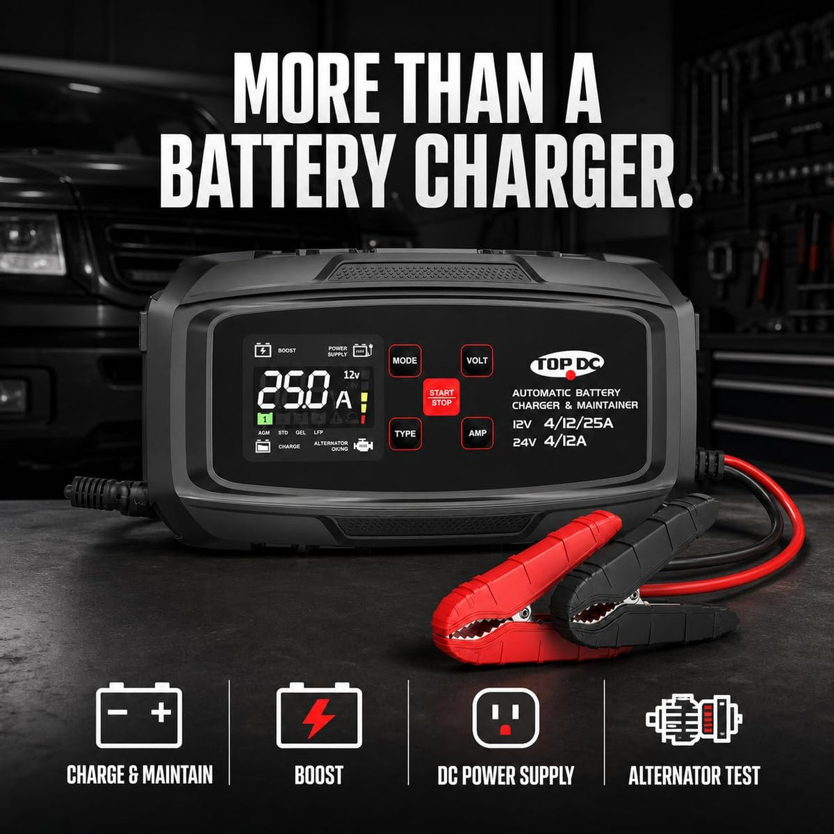 TOPDC 25A 12V/24V Smart Battery Charger & Maintainer for Lead-Acid/LFP