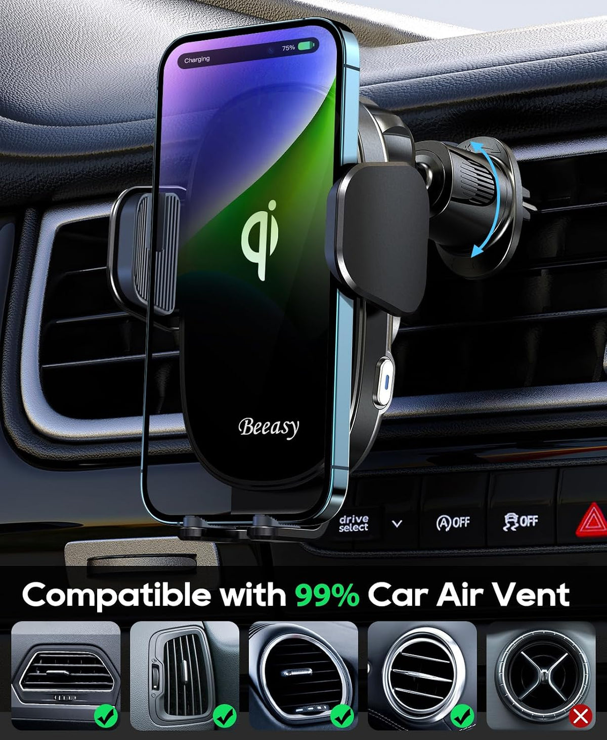 Beeasy Wireless Car Charger, 15W Fast Car Mount Charger 360° Rotation Automatic Clamping&One-Touch Release Car Vent Phone Mount Compatible with iPhone12-17, Samsung, Android Smartphones
