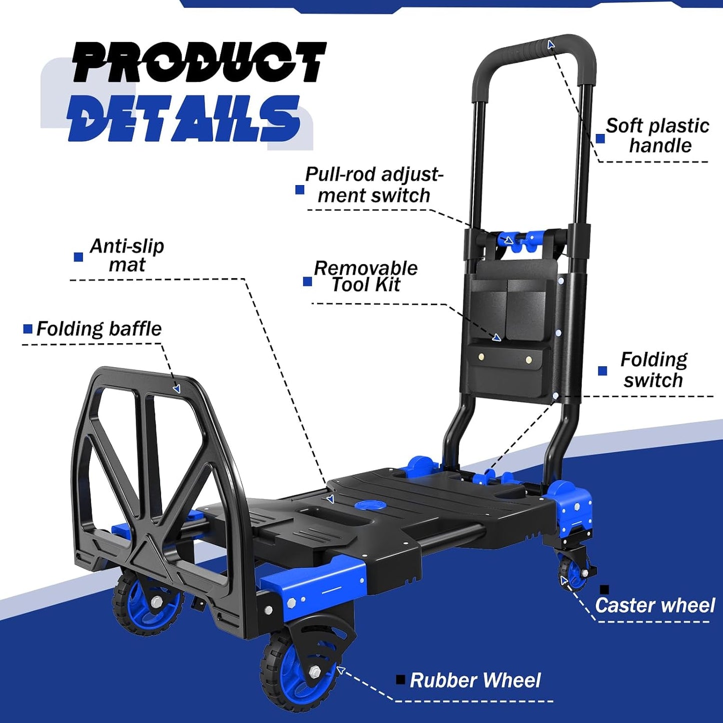 Folding Hand Truck, 2 in 1 Portable Heavy Duty Carrying Moving Dolly Cart with 4 Foldable Wheels and Retractable Handle Duty 330lbs (Blue with Folding Basket)