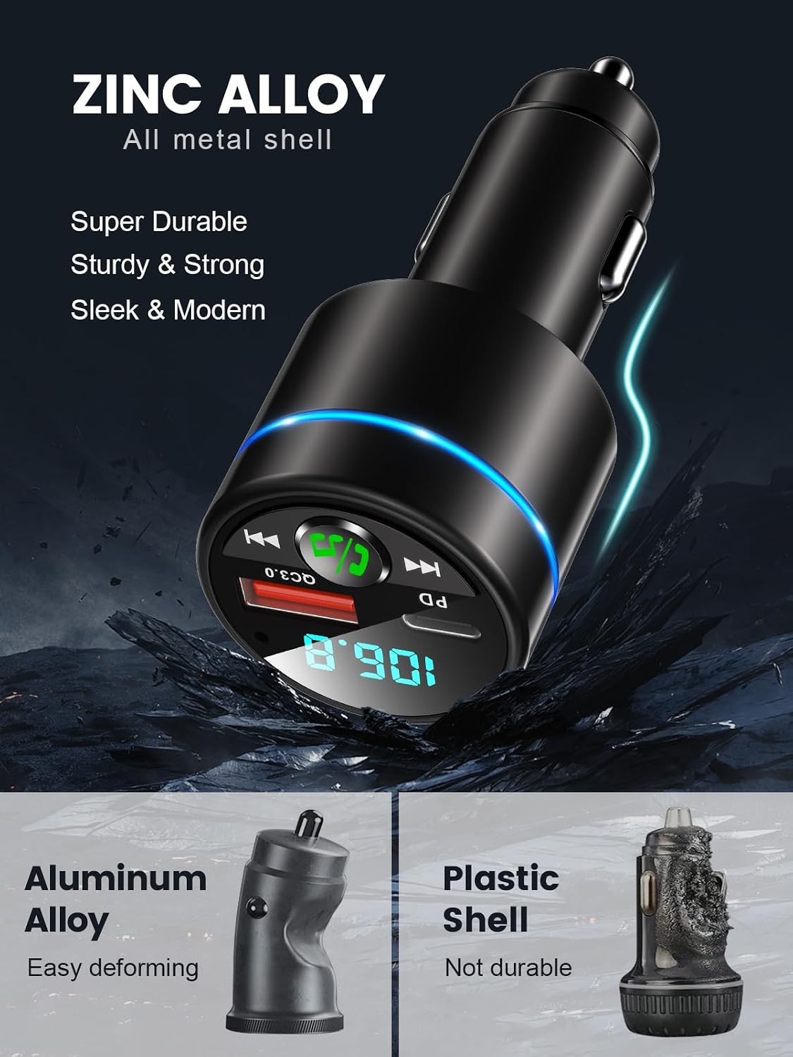 RIWUSI FM Transmitter for Car Bluetooth 5.3, [All-Metal] PD 30W & QC3.0 18W Fast Car Charger, Wireless FM Radio Kit Bluetooth Car Adapter, Noise Cancelling Hands-Free Call, Blue Light - Black