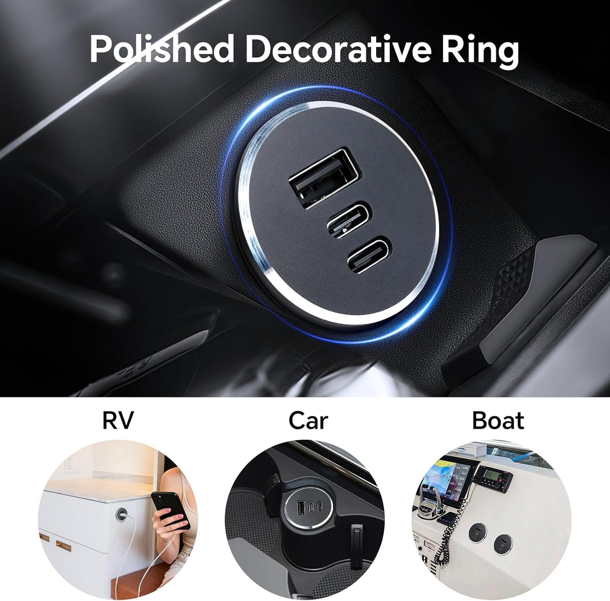 78W 12V USB Outlet with Silver Ring, Aluminum Car USB C Socket