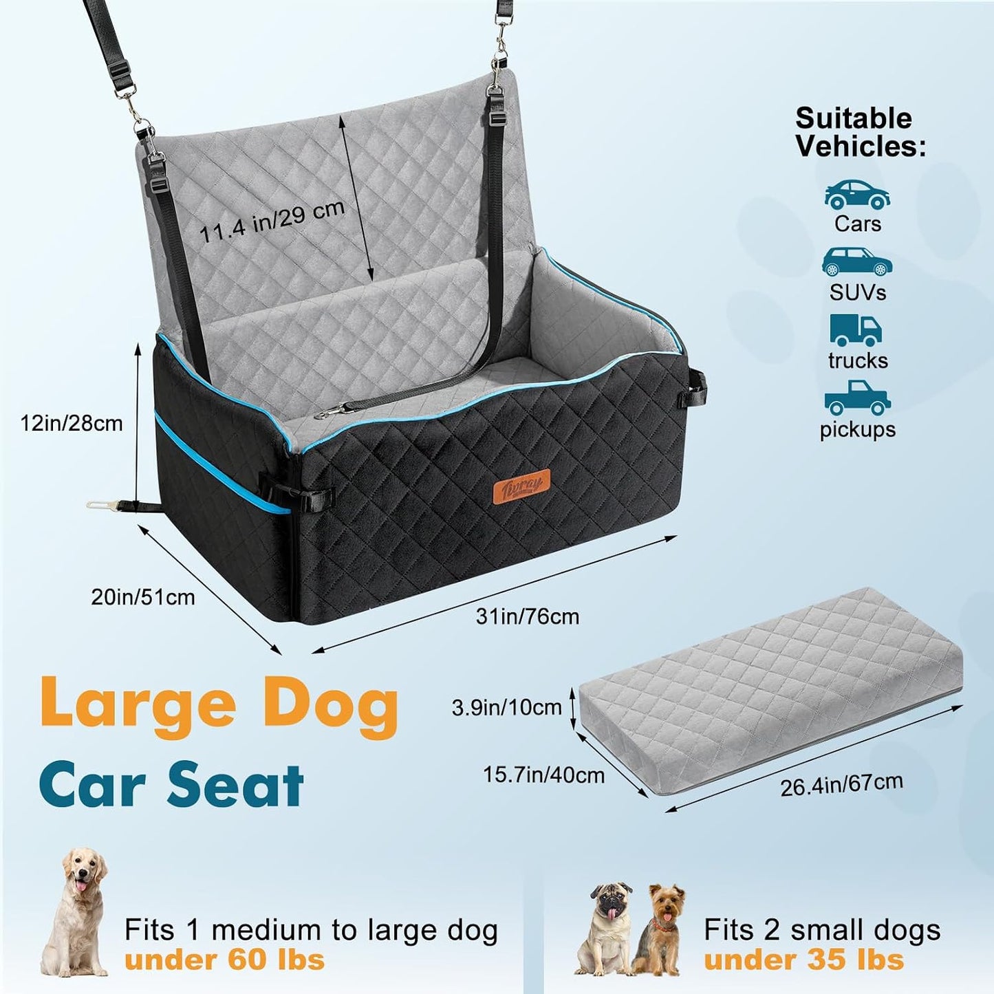 Large Dog Car Seat, Dog Car Bed for Large Dogs Under 60 lbs or 2 Small Breeds, Comfortable Pet Booster Seat with Soft Foam Thick Cushion, Detachable & Washable Pet Bed for Backseat, Black+Grey