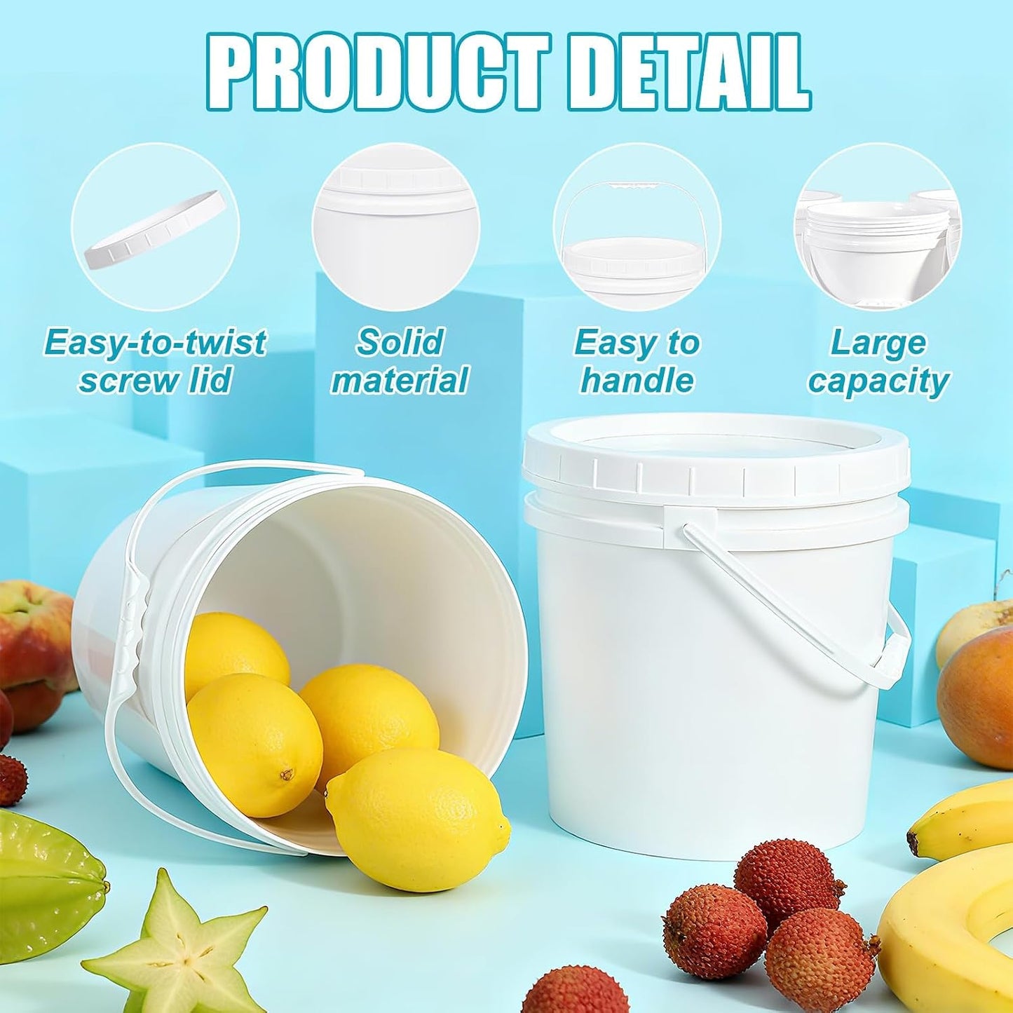 3PCS 2.5 Gal White Buckets Set, Durable Plastic Storage Containers with White Lids & Handles, Food Grade Pail for Home, Paint & Water Storage