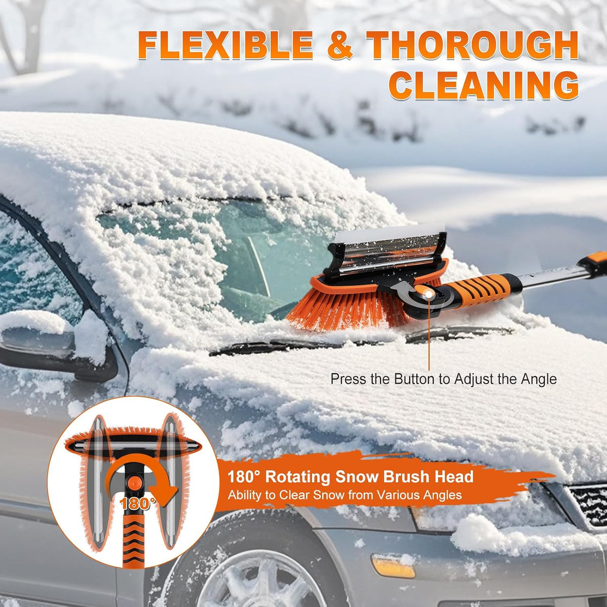 62.4" Foldable Snow Brush and Ice Scrapers for Car Windshield, Adjustable & Extendable Ice Removal Tool with Non-Slip Foam Grip, 180° Pivoting Snow Brush for Car, SUV, Truck