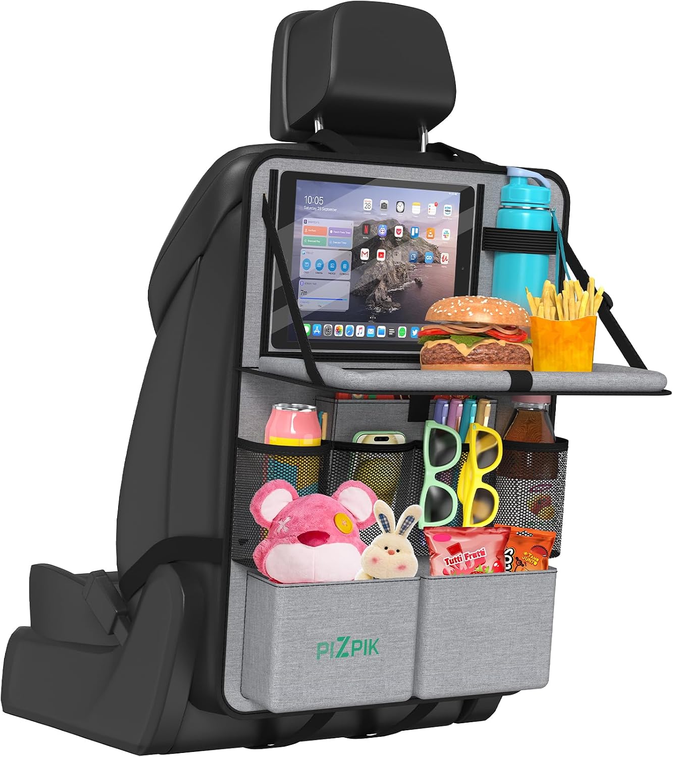 Plzpik Car Backseat Organizer with Tray(1Pack),13Storage Pockets with Foldable Food Tray, Protector Kick Mats for Kids, Travel Accessories Organizer (Black)