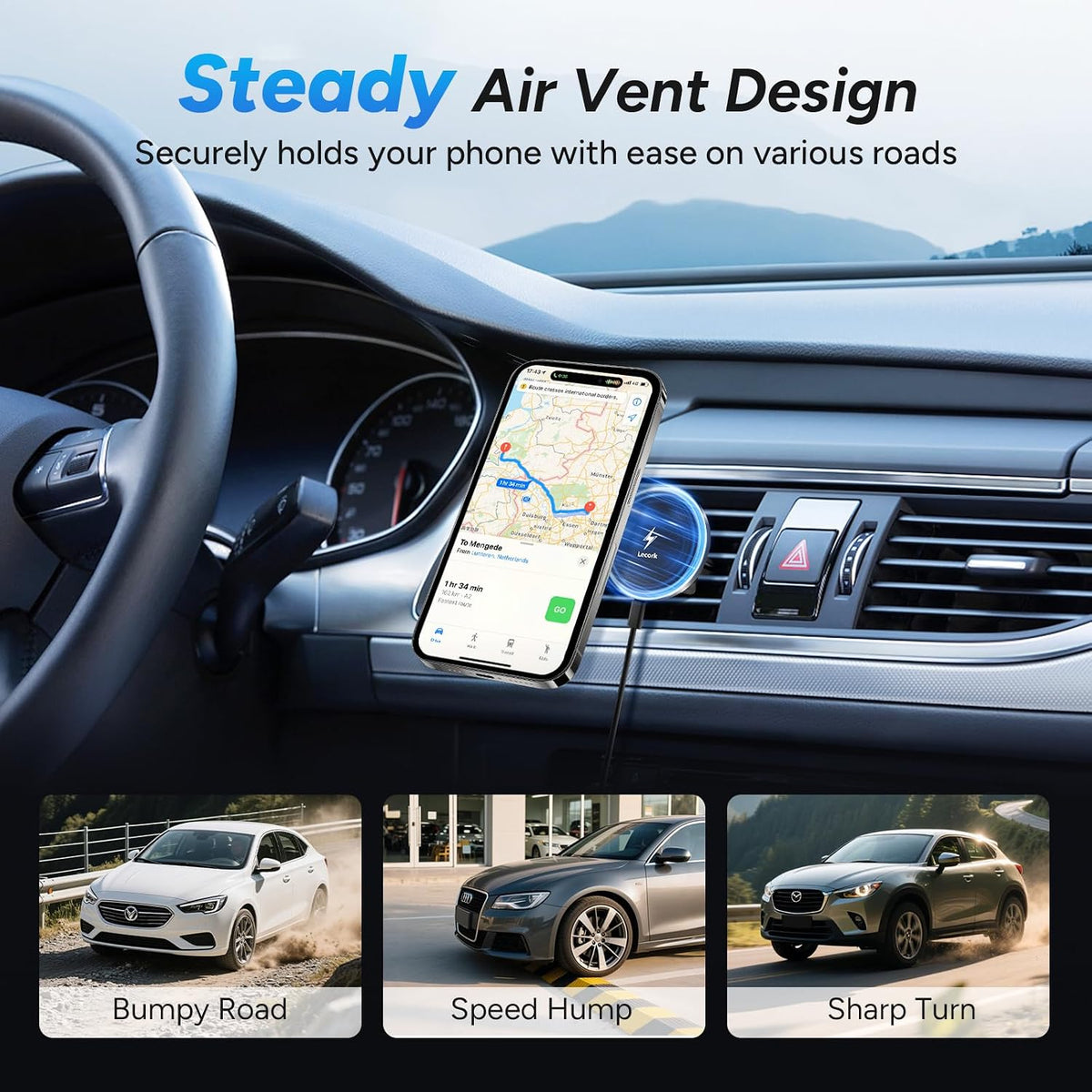 Lecork for Magsafe Car Mount, 15W Magnetic Wireless Charger for iPhone, Magsafe Air Vent Car Holder Charger for iPhone 16 Pro Max/16/15/14 13 12, Samsung S25/S25+/Ultra, RGB LED Design