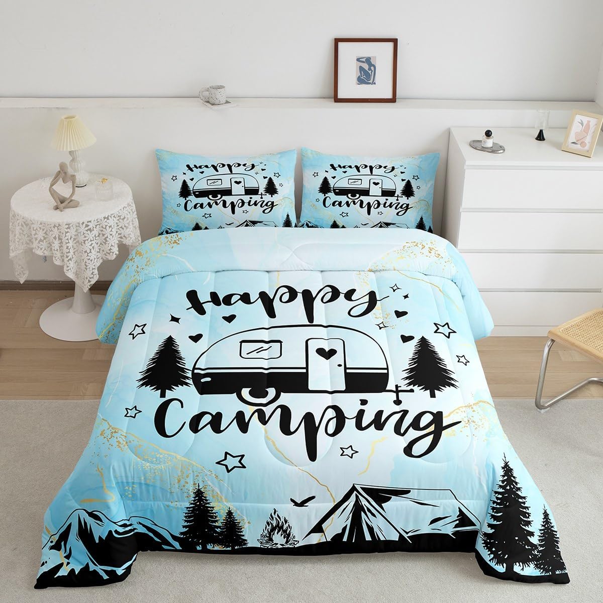 Manfei Happy Camping Camper Kids Comforter Set Twin Size,Star Pine Tree Mountain Bedding Set,Girls Boys Room Decor,Rustic Farmhouse Cabin Quilt Comforter,Blue Country Duvet Insert,1 Pillowcase