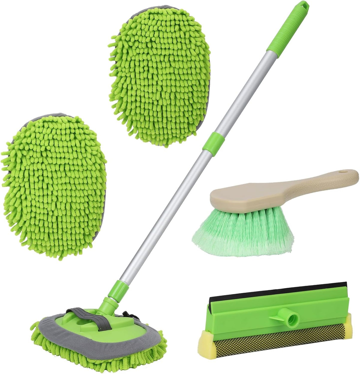GIANT BEAR Car Wash Brush with Long Handle, 42.9" Microfiber Chenille Mitt Not Hurt Paint Scratch Free Aluminum Alloy Cleaning Tool -4 in 1,Glass Window Scrabber Detail Wheel Brush