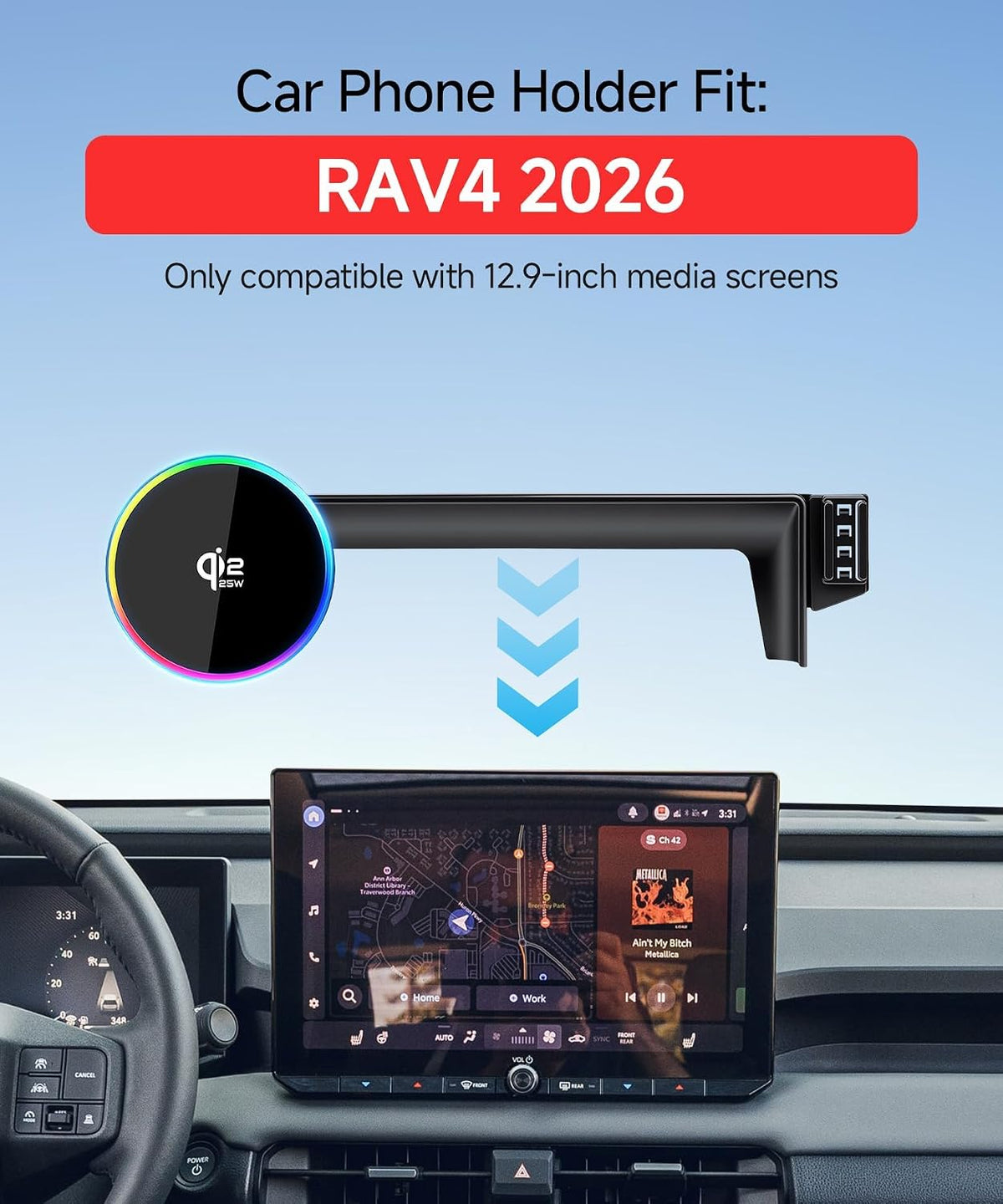 Qi2.2 Max 25W Wireless Charger Car Phone Mount for Toyota RAV4/Hybrid 2026