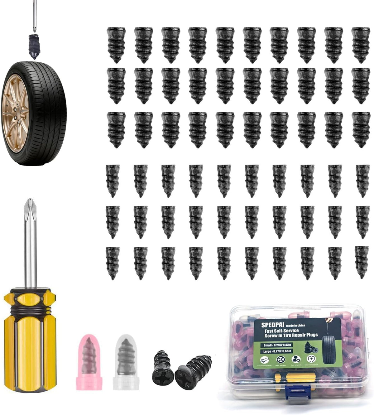 Tire Repair Rubber Nails Kit with 2 Sizes,2026 New Vacuum Screw Type Tire Plug Fast Tool with Screwdriver,Self-Service Screw in Tire Plugs Repair Tools for Car,Motorcycle,Truck,Bikes (60Pcs)