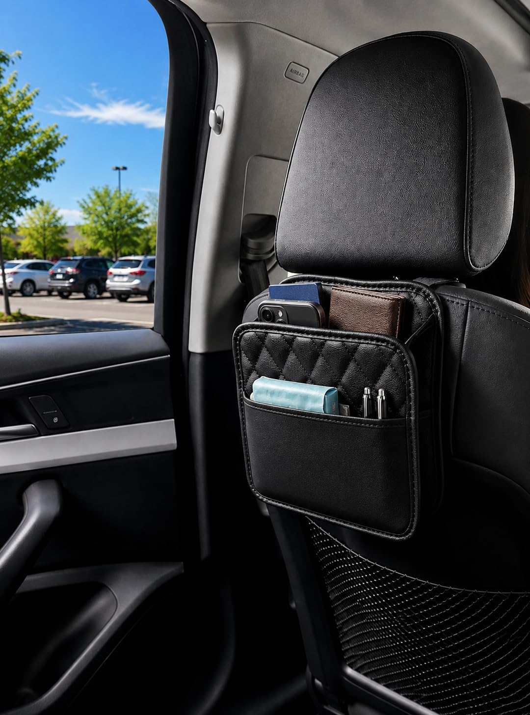 Premium PU Leather Car Backseat Organizer with Tissue Holder, Small Hanging Seatback Storage Bag & Compact Trash Bin, Waterproof Luxury Vehicle Headrest Pouch, Universal Fit for Sedan, SUV, Truck