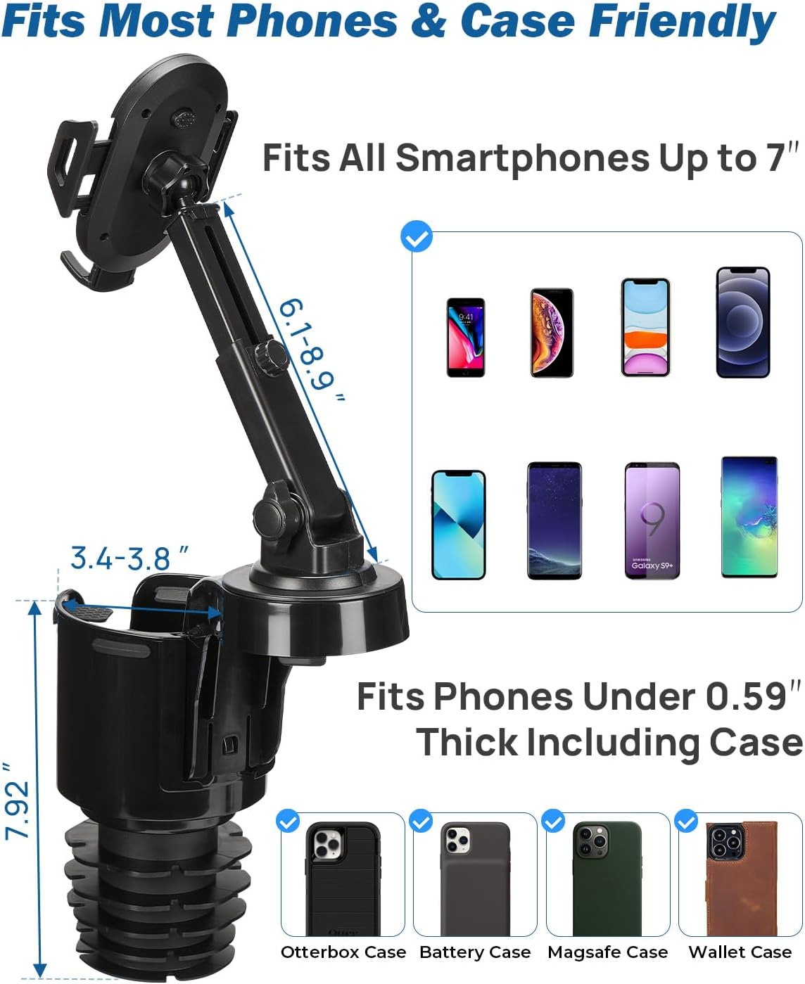 JOYTUTUS Cup Holder Phone Mount for Car, Car Cellphone Large Adapter Long Arm with 360 Degree Rotation, Compatible with iPhone, Samsung & All Smartphones,Black,1 Pack