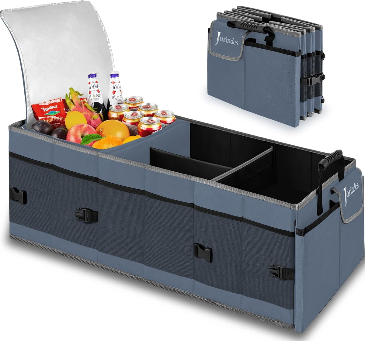 Trunk Organizer with Built-in Insulated Leak Proof Cooler Bag,Collapsible Cargo Organizer for SUV with Non Slip Bottom Strips,3 Large Compartments Foldable Waterproof Portable Car Storage Box