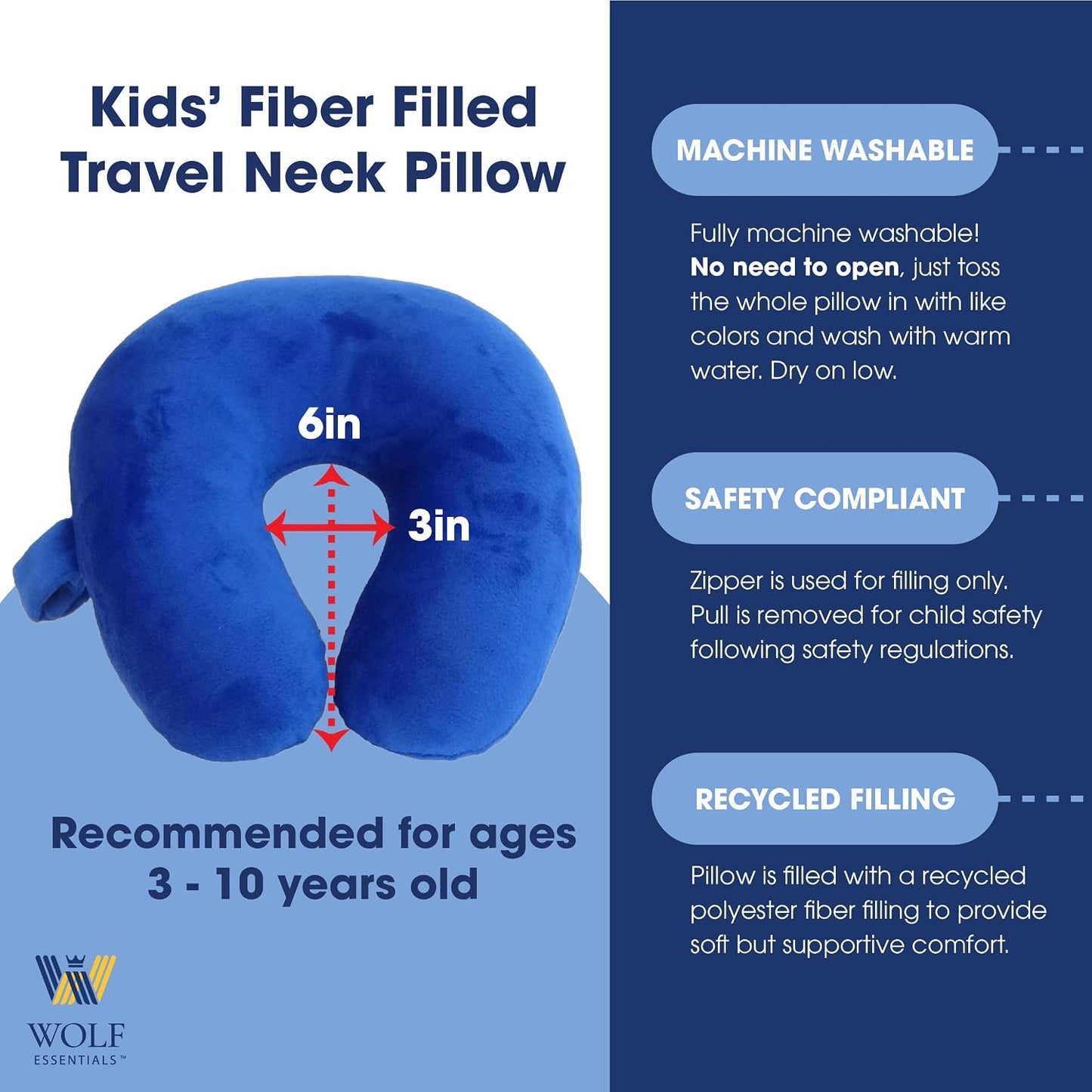 Wolf Essentials Kids Travel Neck Pillow - Cozy Soft Microfiber, Compact Design for Airplane, Car Seat, or Toddler Travel Support – Blue