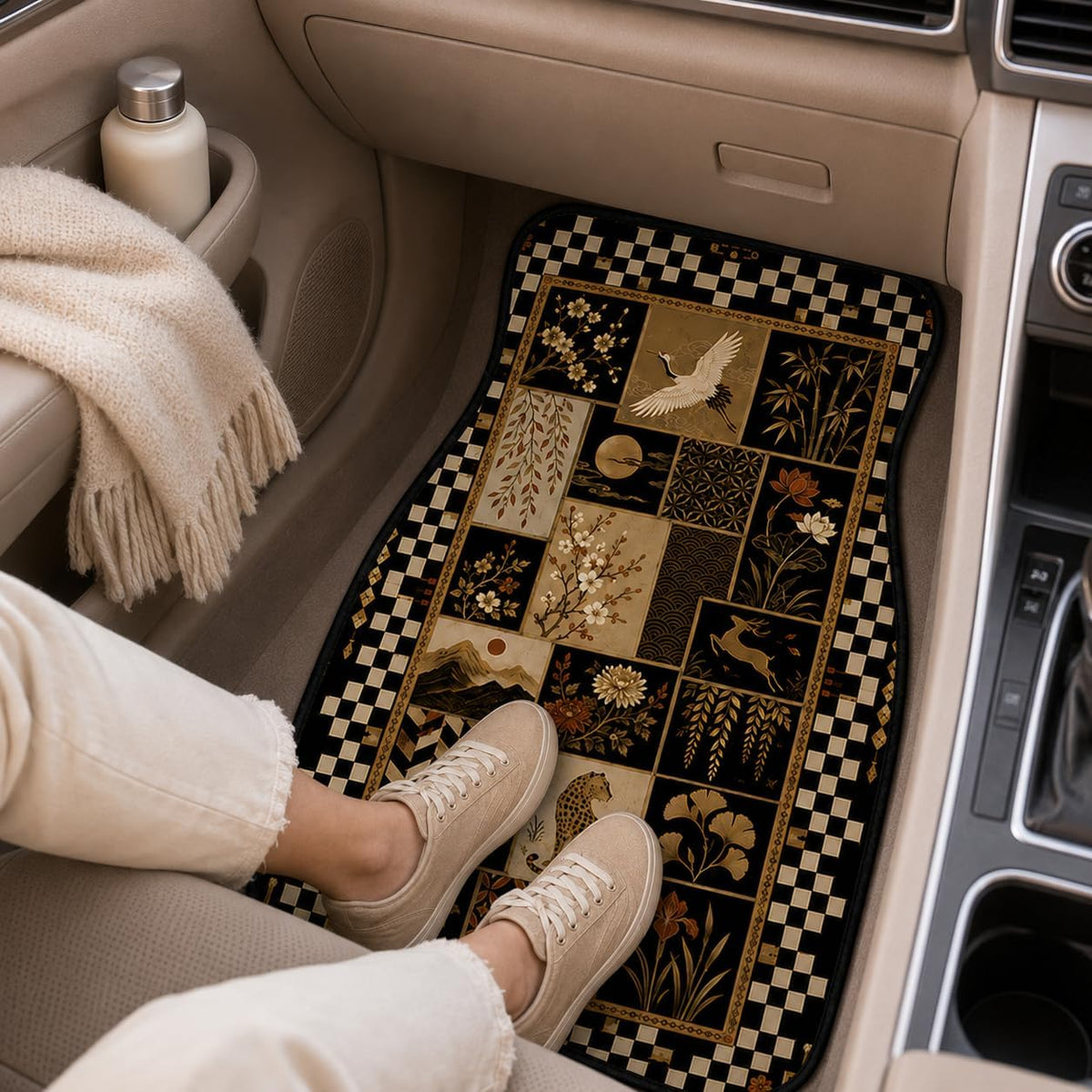 Crane Oriental Patchwork Car Floor Mats 4 Piece Set, Checker Flora Universal Auto Floor Mats for Cars SUVs Trucks, Non-Slip Easy Clean Durable All-Weather Interior Mats