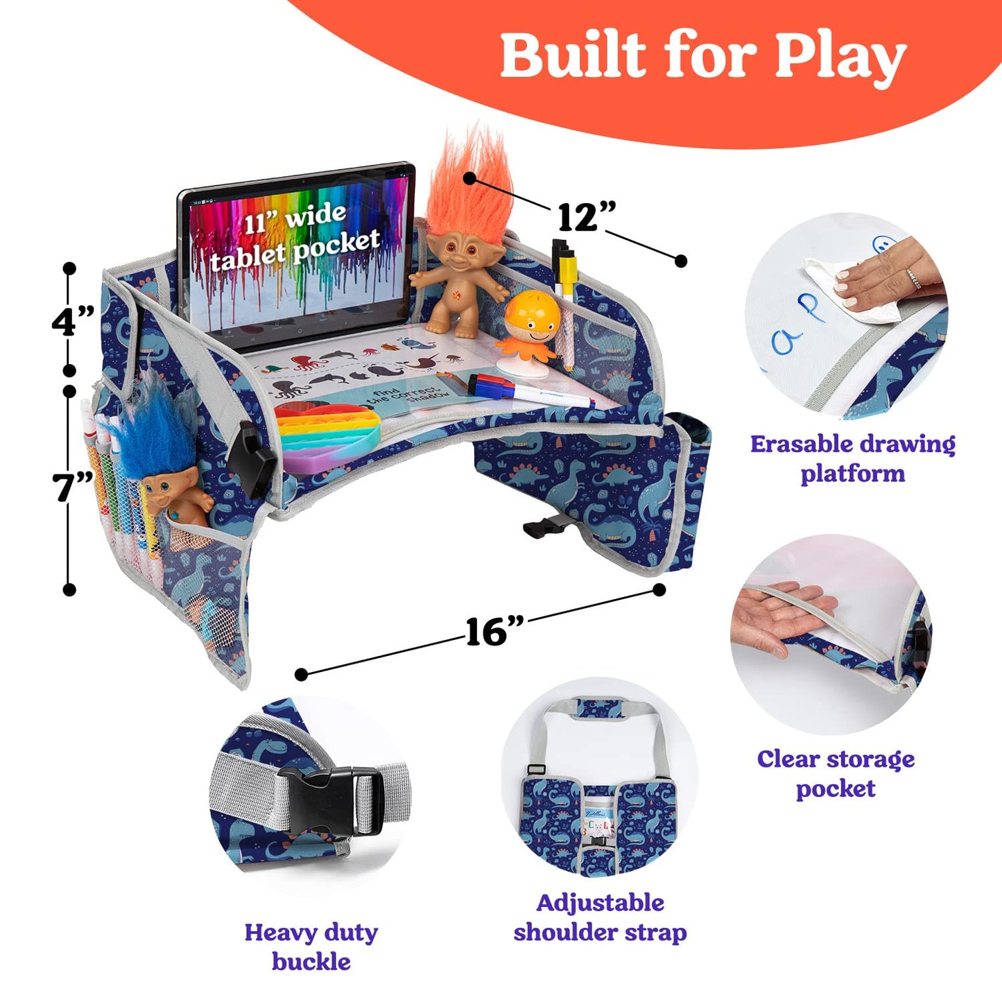 PILLANI Kids Travel Tray for Car - Toddler Essentials for Road Trip, Carseat Tray for Kids Travel, Car Activities for Kids Ages 4-8 w/ Activity Sheets & Pens, Tablet Holder, Dry Erase Board,Cup Holder