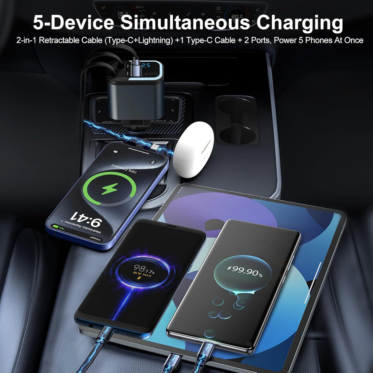Vitog 5-in-1 120W 30-Minutes Fast Flash Charging Retractable Car Charger