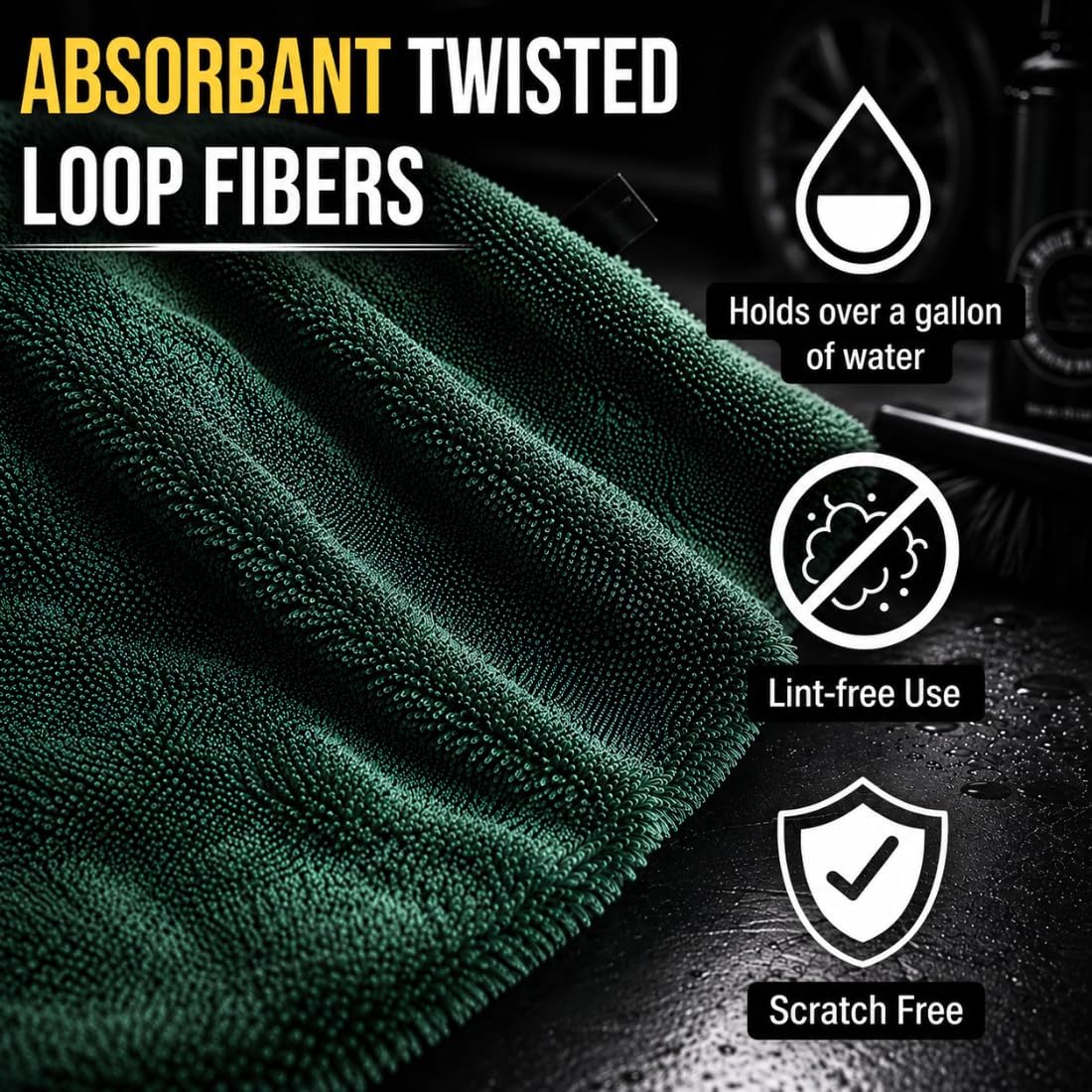 Big Buck Microfiber Car Drying Towel, 1400 GSM Large Car Wash Towel, Ultra Absorbent and Streak-Free, Lint Free Use, Dark Green 36" x 24" Drying Cloth