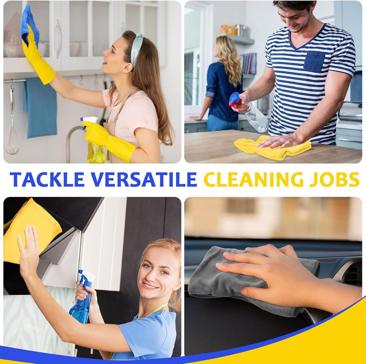 Nuenen Car Microfiber Clean Cloths, Yellow,Gray,Blue, 16 x 16 Inch, 60 Pcs