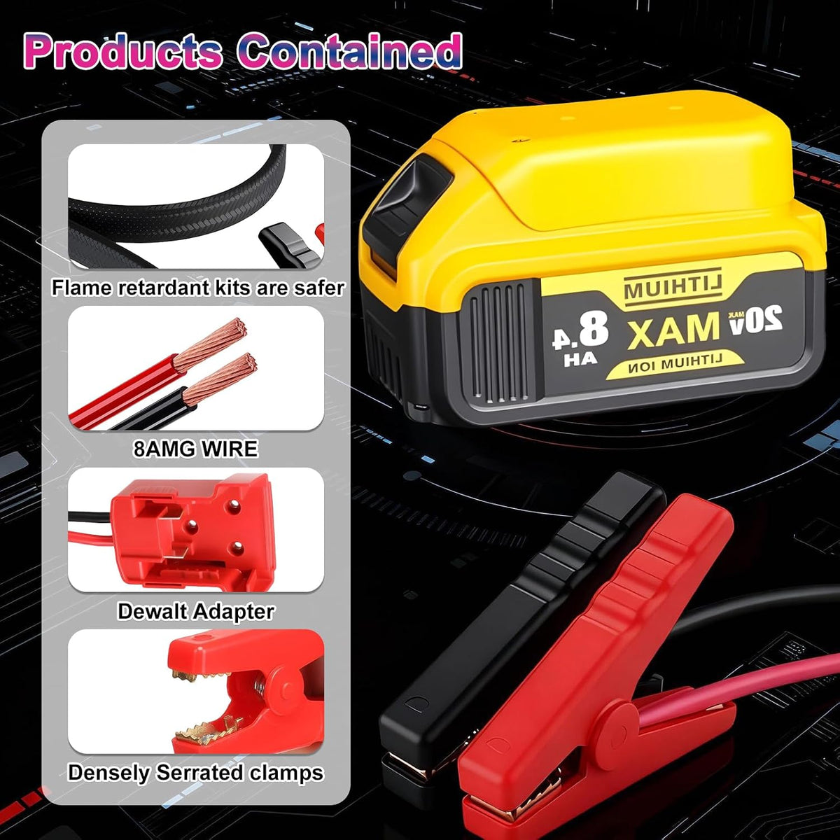 Jumper Cable Clamps Compatible with Dewalt 20V Battery, 2.95FT 8AWG Silicone Wire Jumper Starter, Automotive Booster Cable for Jump Starting Car Using Tool Battery, 200°C Heat Resistant