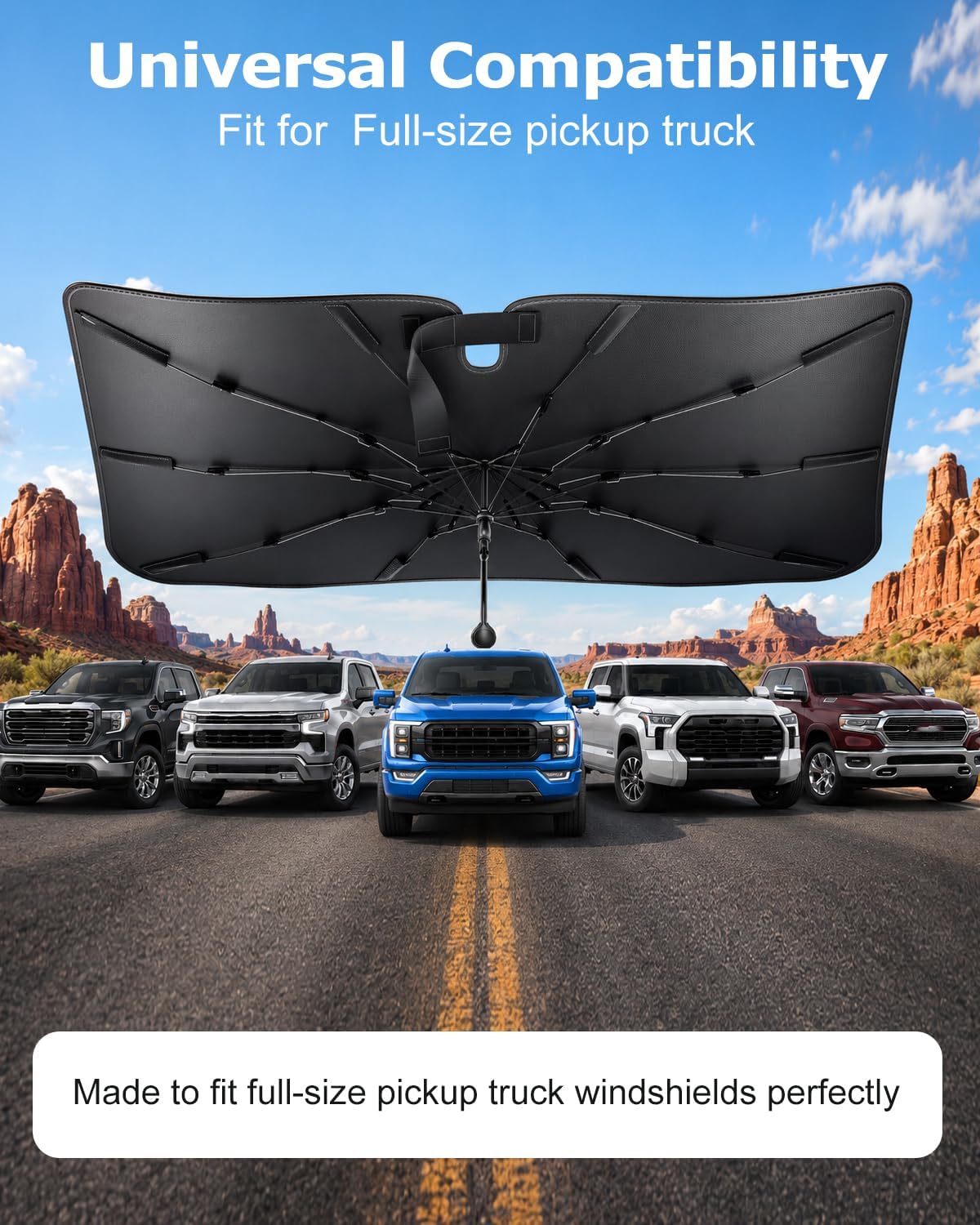 [2026 Upgraded] Weektic Truck Windshield Sun Shade for F-150/Silverado/Tundra/RAM 1500/Sierra - 5 Layers Ice Crystal Coating Blocks 99% UV, Cools Interior | 360° Swivel Handle for Easy Use